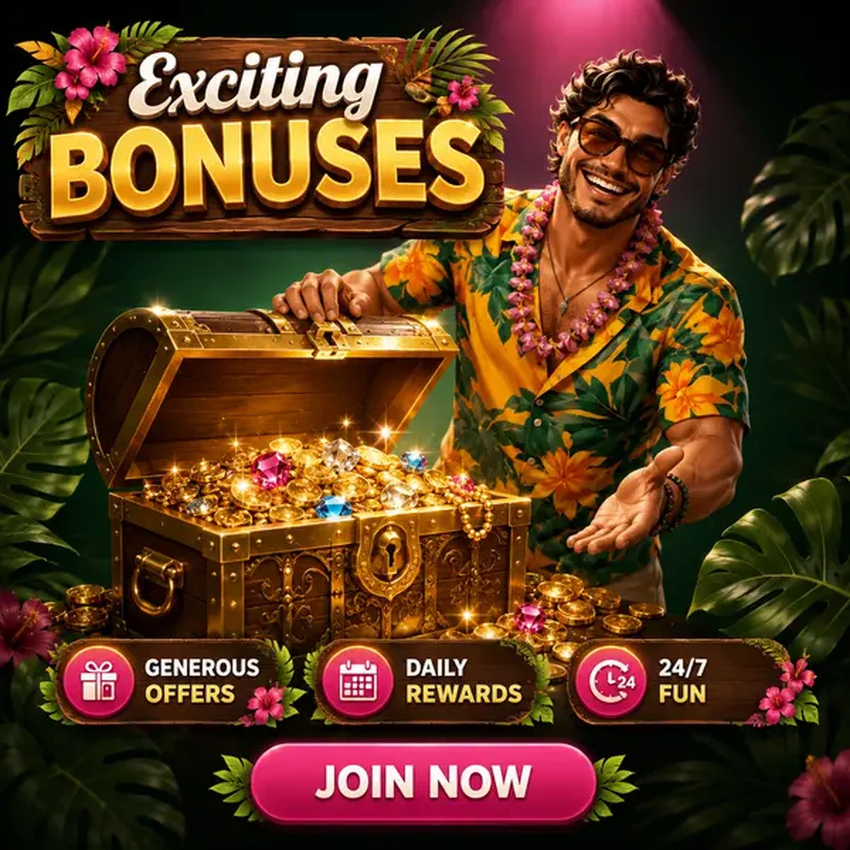 Hôte exubérant révélant des trésors de bonus chez Gambloria Bonus et Promotions