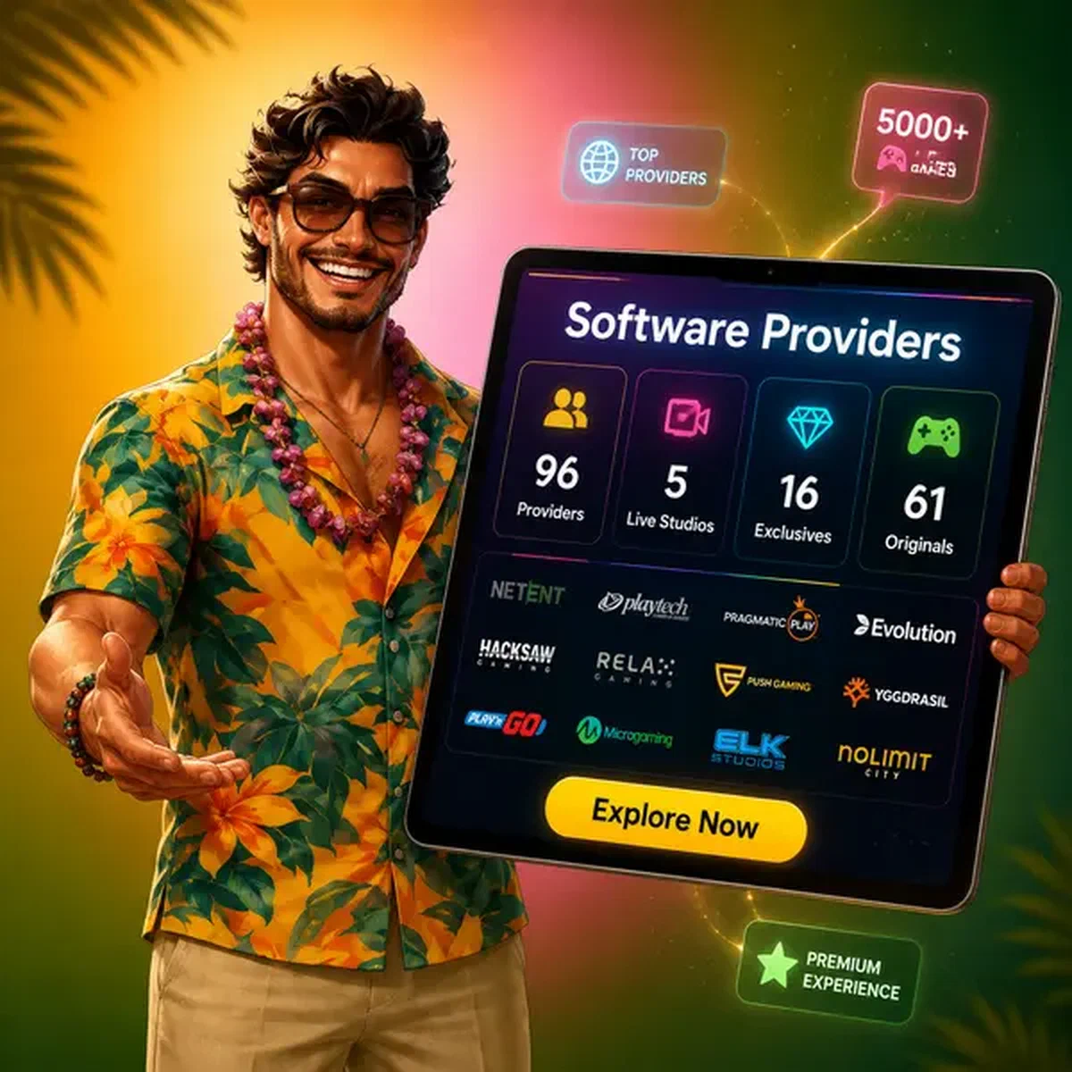 Hôte de Fête présentant 96 fournisseurs de logiciels sur tablette chez Gambloria Casino